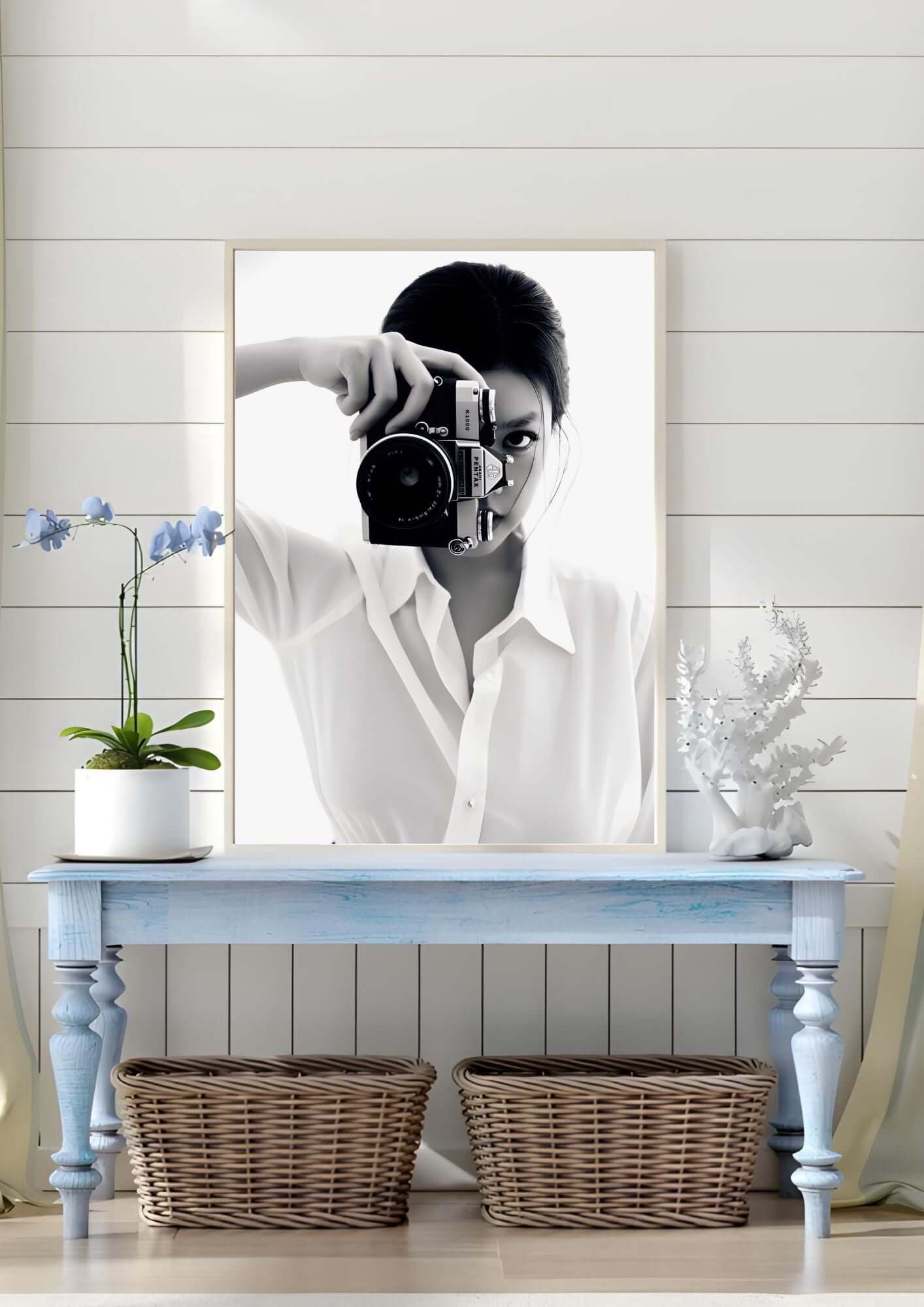 Black and White Photography Wall Art – Vintage Camera Minimalist Print displayed above a blue table with decor items