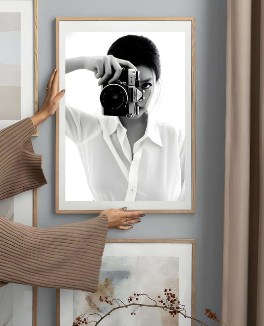 Black and White Photography Wall Art – Vintage Camera Minimalist Print hanging on wall