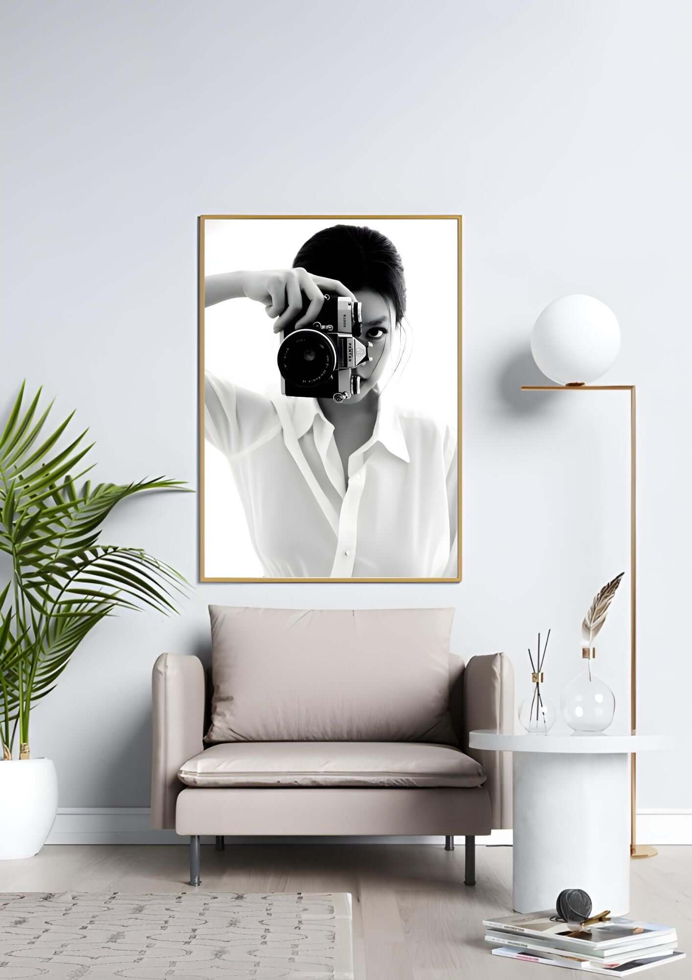 Black and White Photography Wall Art – Vintage Camera Minimalist Print in modern living room decor.