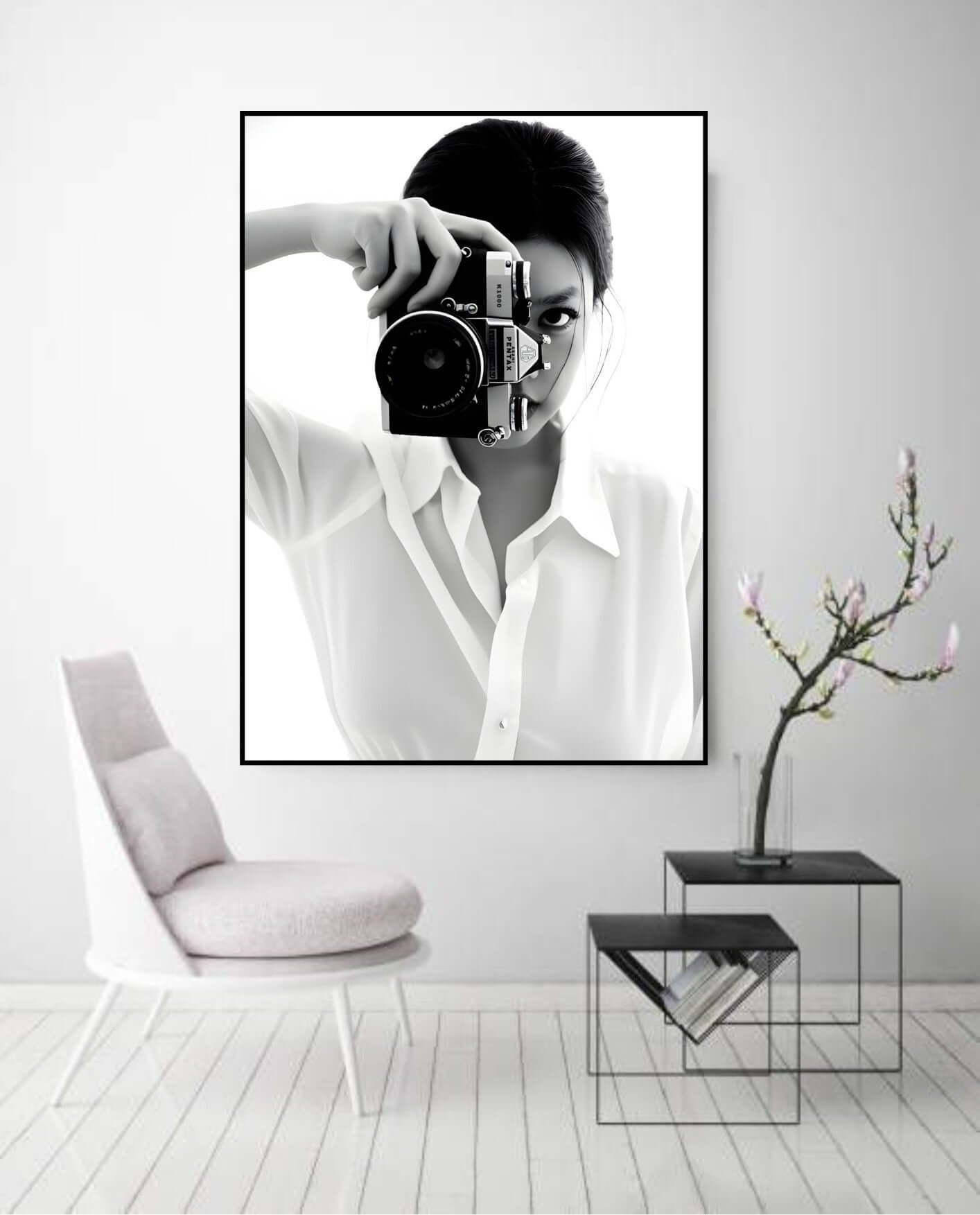 Black and White Photography Wall Art – Vintage Camera Minimalist Print in modern living room with chair and plant decor.