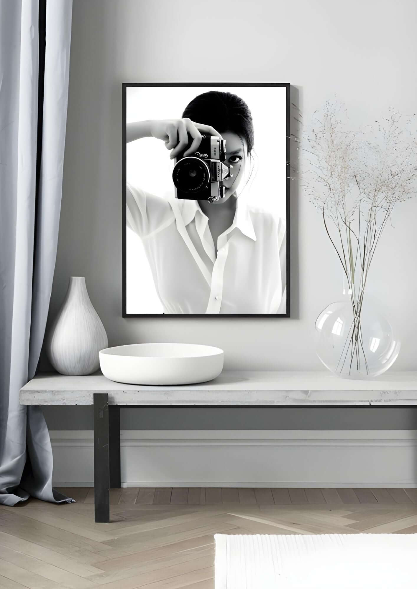 Black and White Photography Wall Art – Vintage Camera Minimalist Print hanging on a modern wall