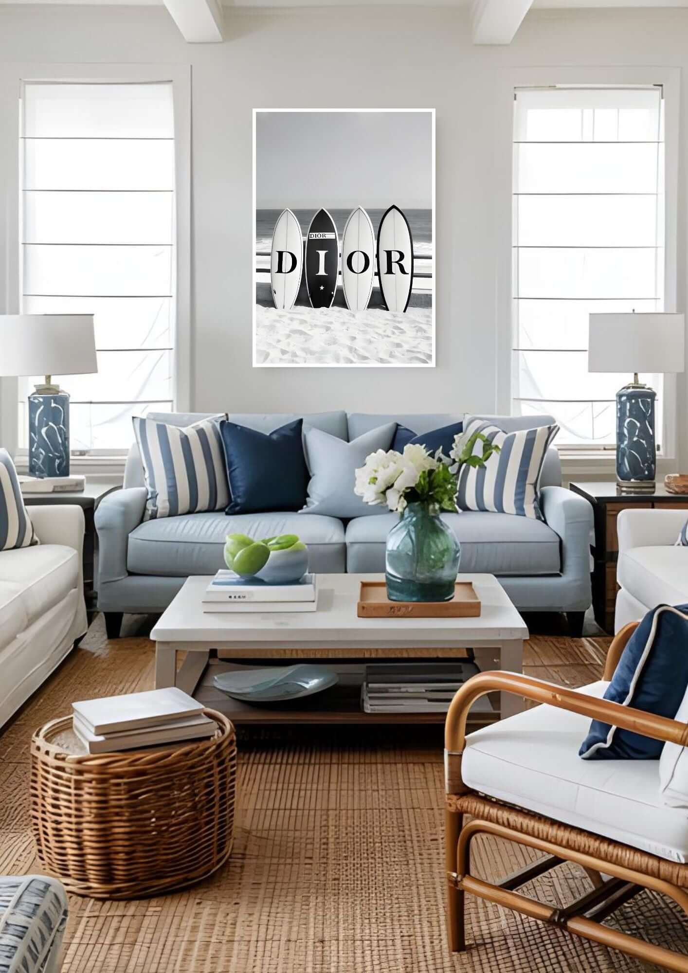 Black and white surfboards wall art framed in a coastal living room setting with blue, white decor.