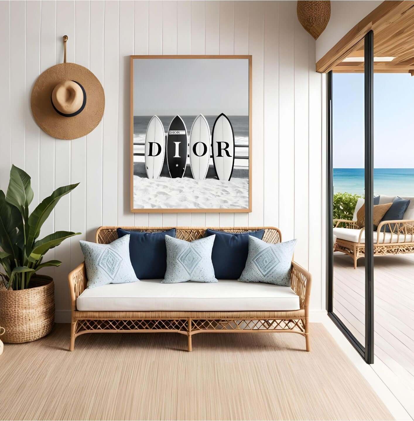 Black and white surfboards wall art in modern coastal living room with ocean view and wicker furniture.
