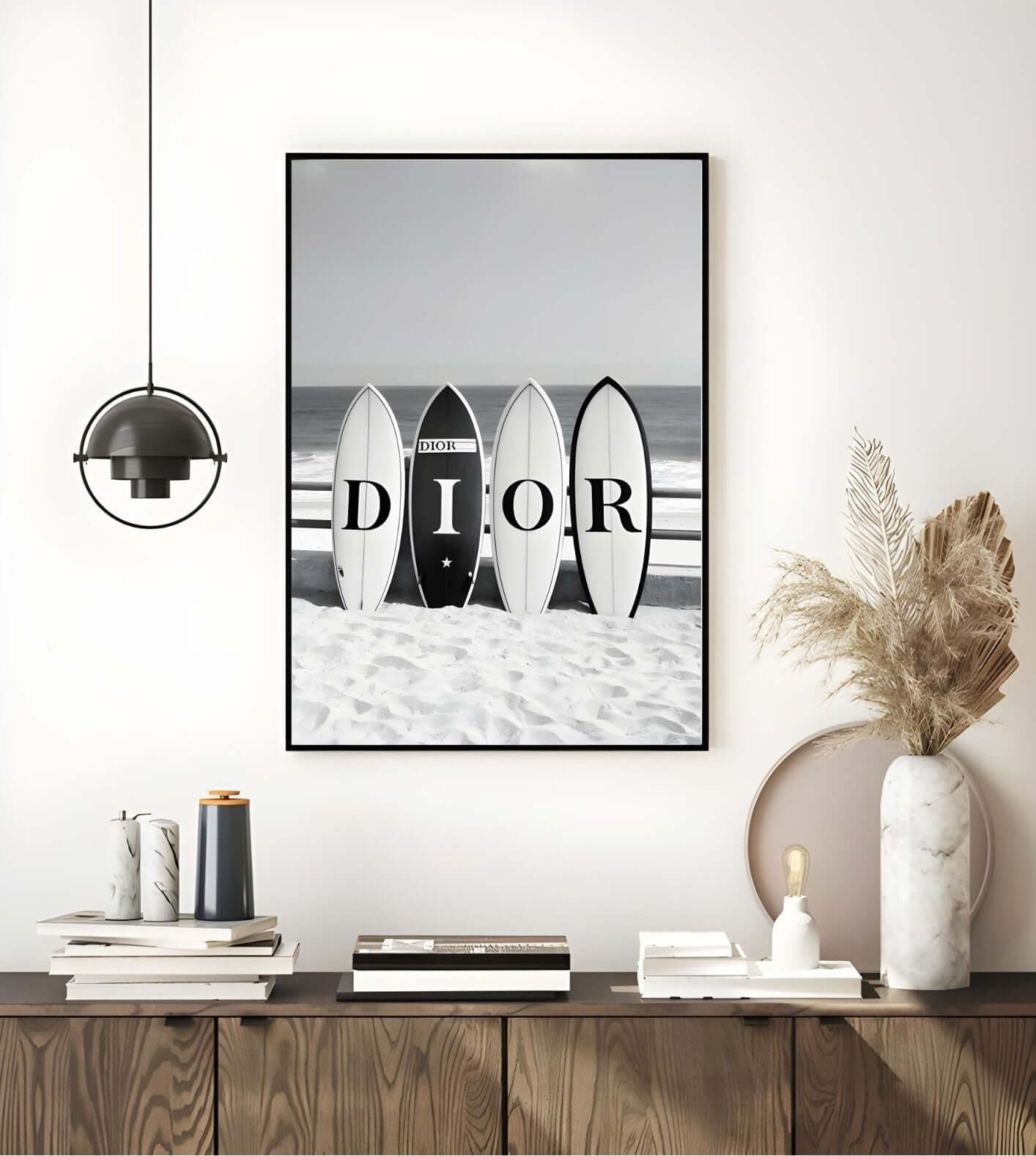 black and white surfboards wall art displayed in a modern interior setting, showcasing coastal style and minimalist design