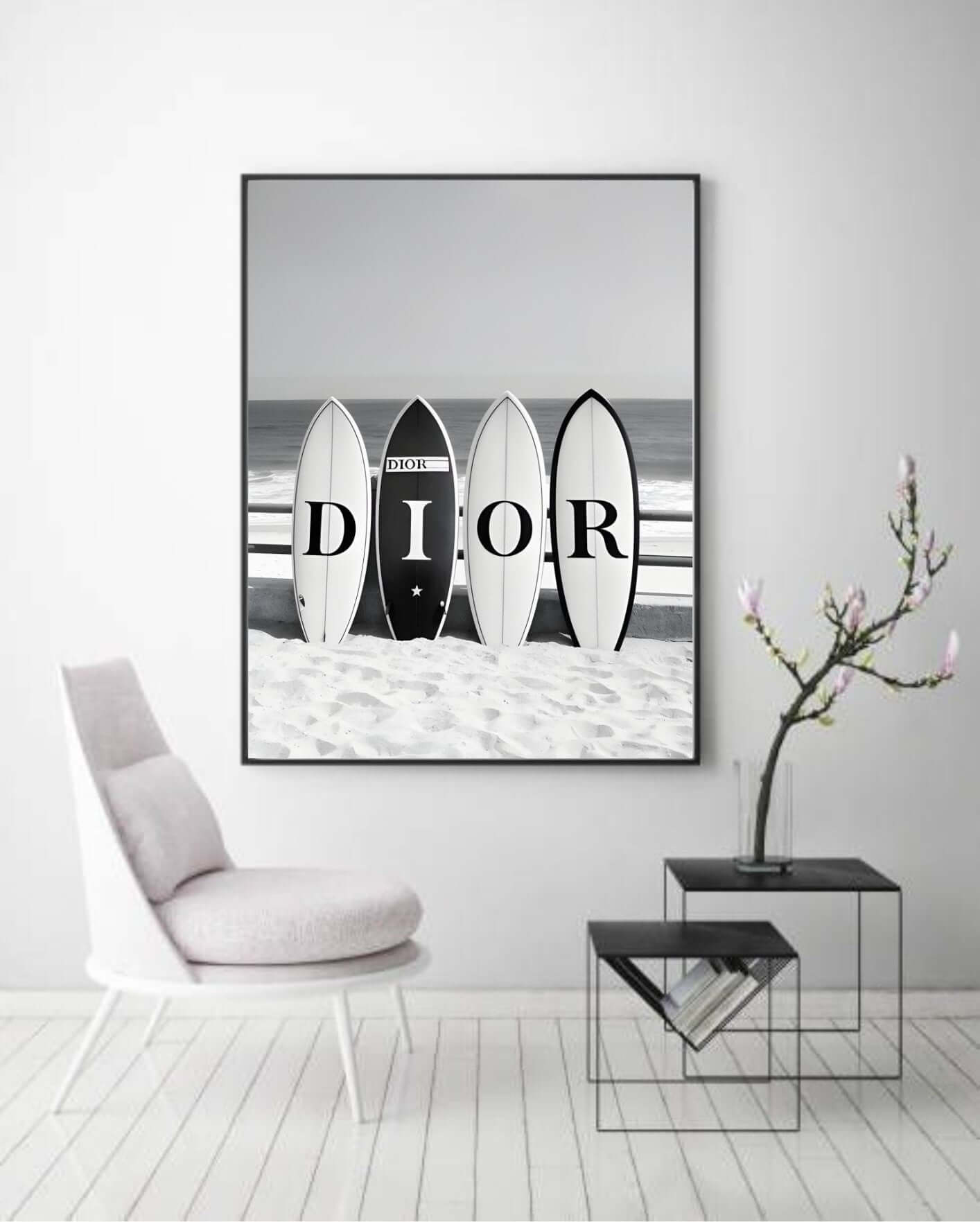 Elegant black and white surfboards wall art in a modern interior setting, capturing minimalist coastal design.