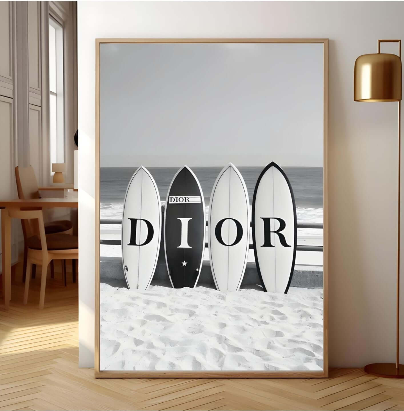 Black and white surfboards wall art with letters spelling 'DIOR', coastal modern digital print for stylish home decor.