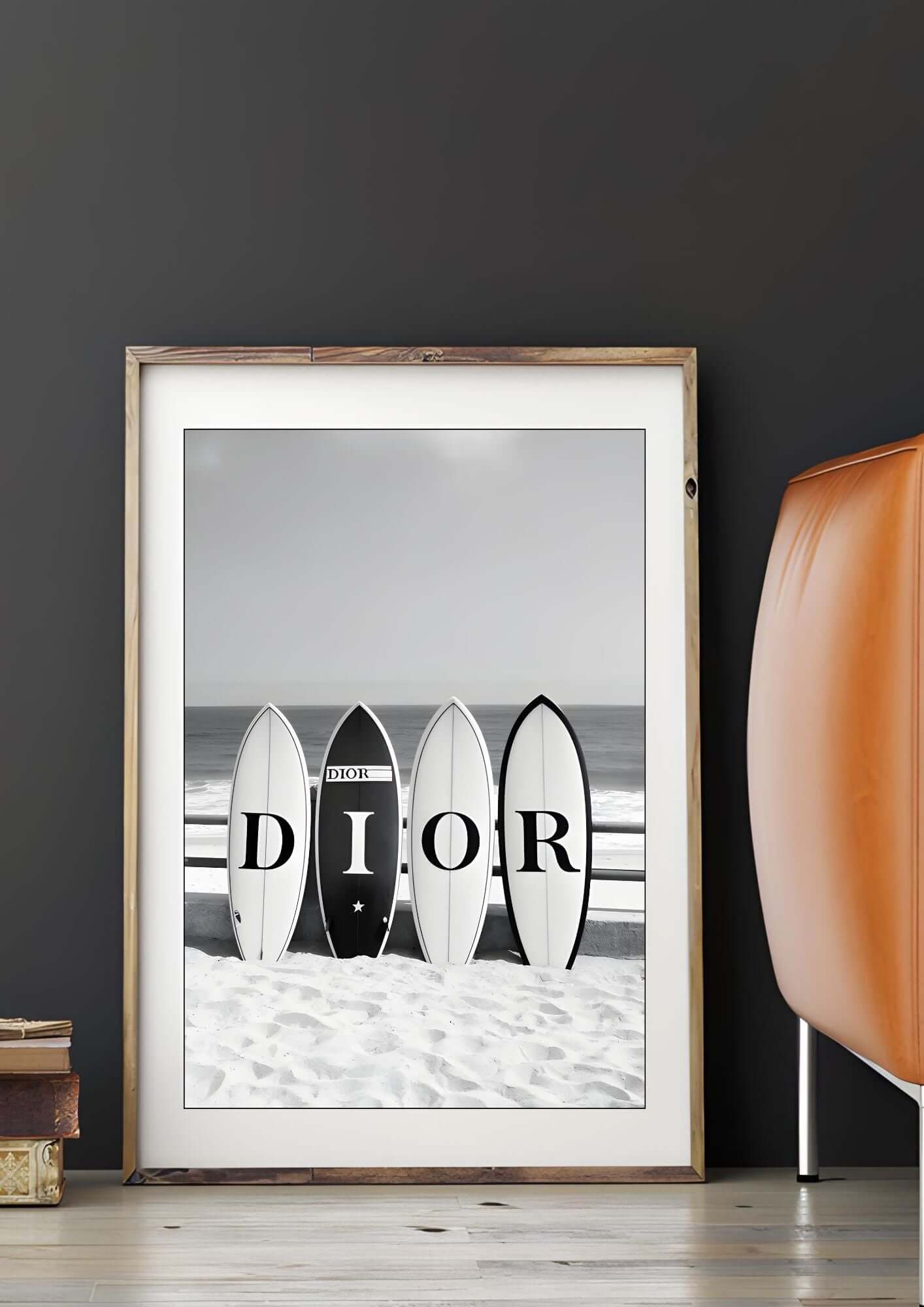 Black and white surfboards wall art showcasing four surfboards on a beach, perfect for coastal modern home decor.