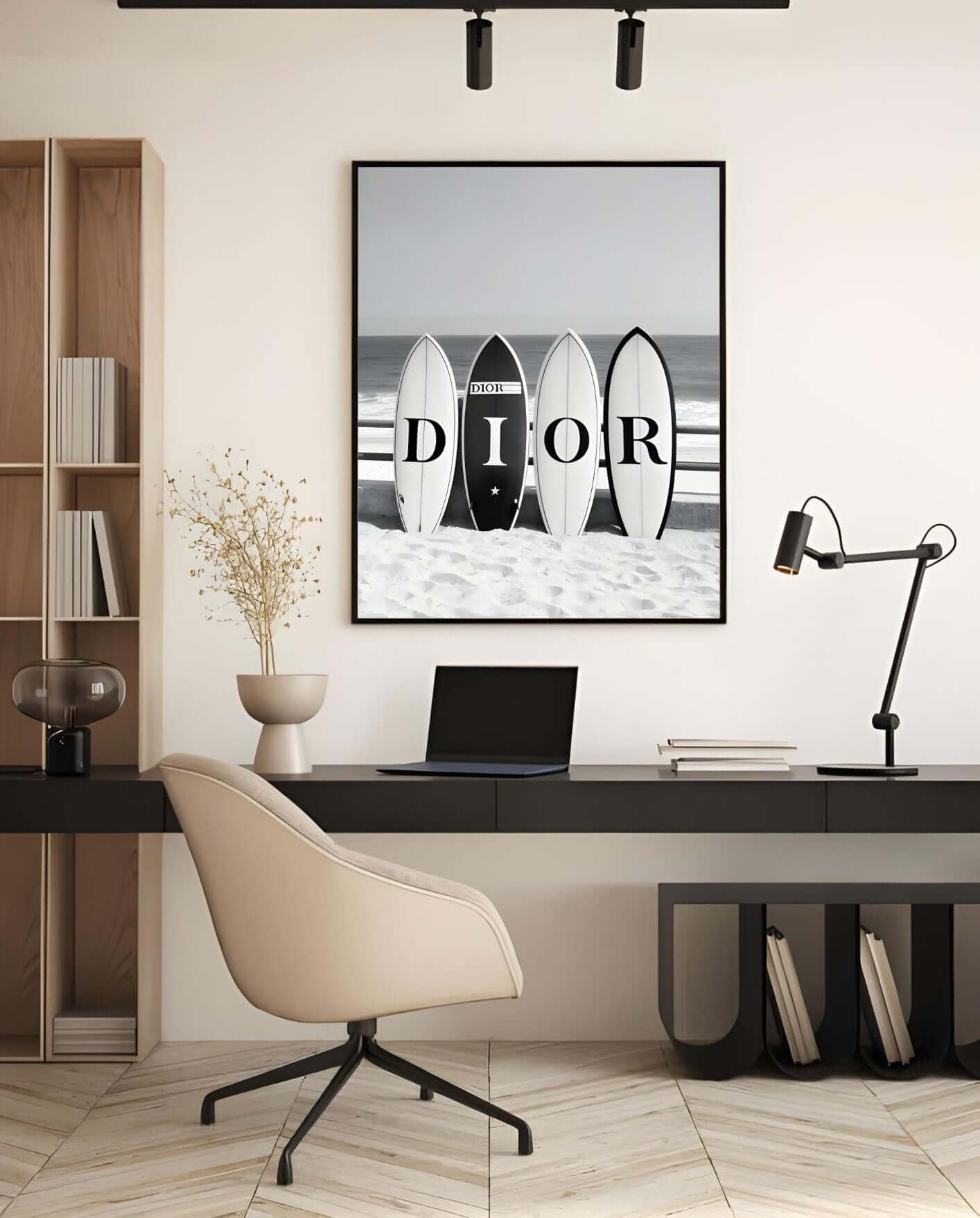 Elegant office with black and white surfboards wall art, coastal modern digital print decor.