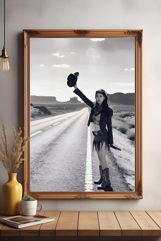 Cowgirl Wall Art – Black & White Western Photography Print | Rustic Boho Decor, featuring a bold cowgirl on an open road.