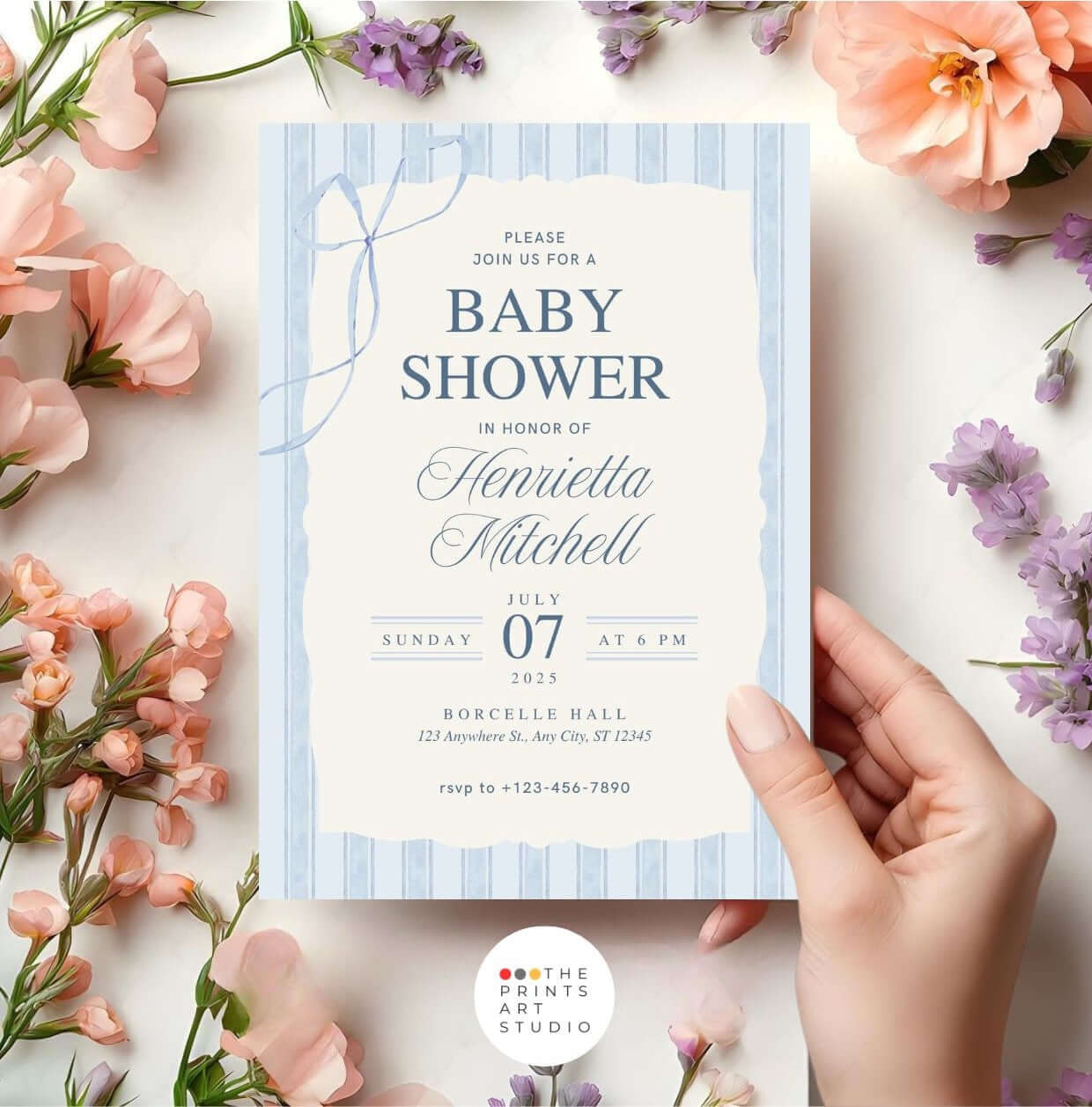 Blue Elegant Baby Shower Invitation | Classic Watercolor Boy Shower Template | Printable Digital Invite amidst flowers.