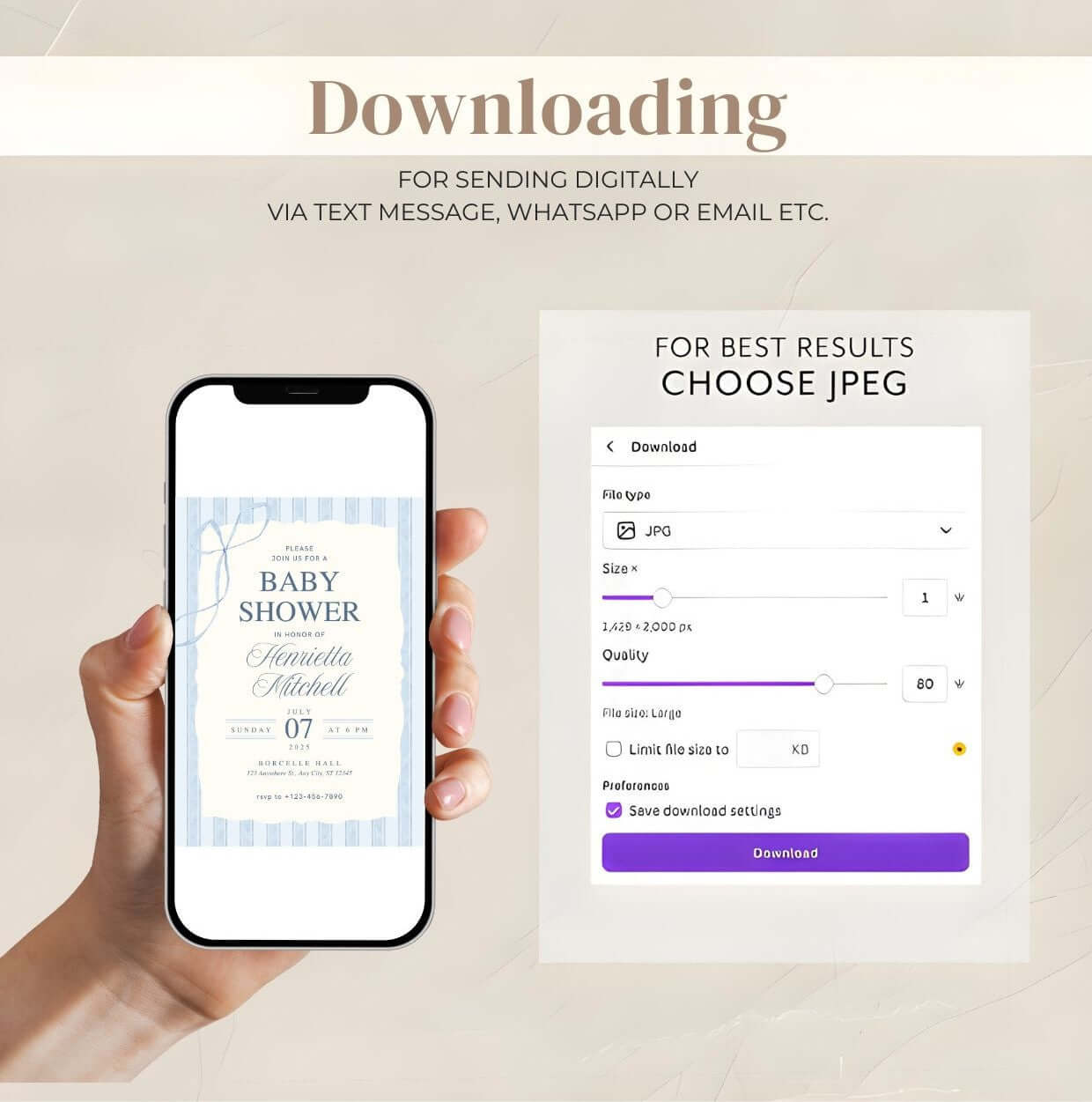 Blue Elegant Baby Shower Invitation | Classic Watercolor Boy Shower Template | Printable Digital Invite displayed on phone and download screen