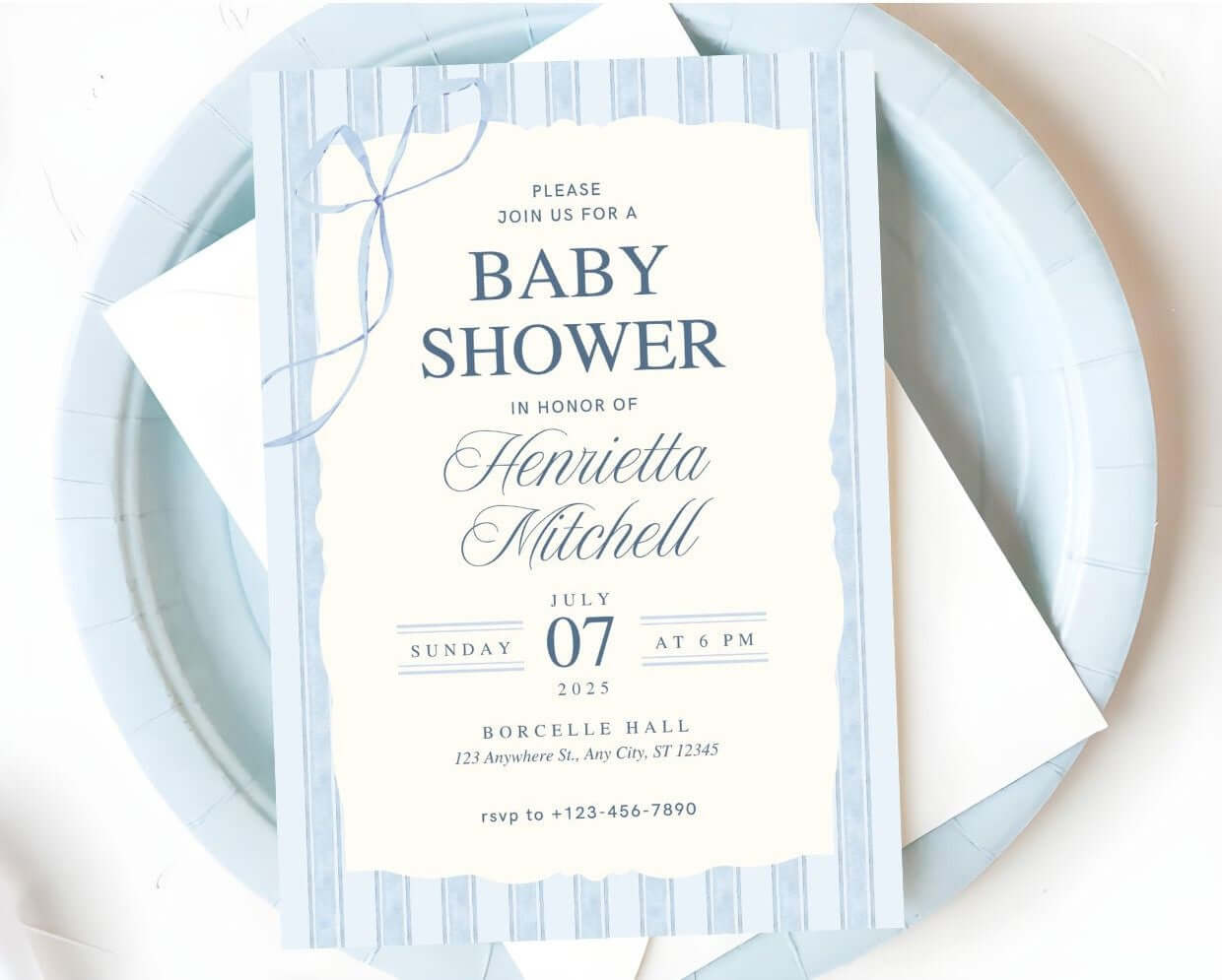 Blue Elegant Baby Shower Invitation | Classic Watercolor Boy Shower Template | Printable Digital Invite displayed on plate