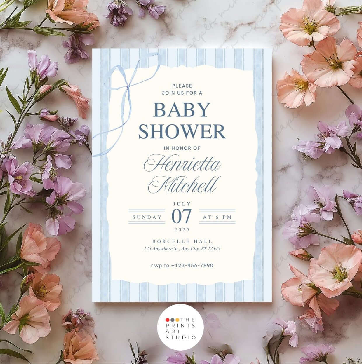 Blue Elegant Baby Shower Invitation | Classic Watercolor Boy Shower Template | Printable Digital Invite with floral background