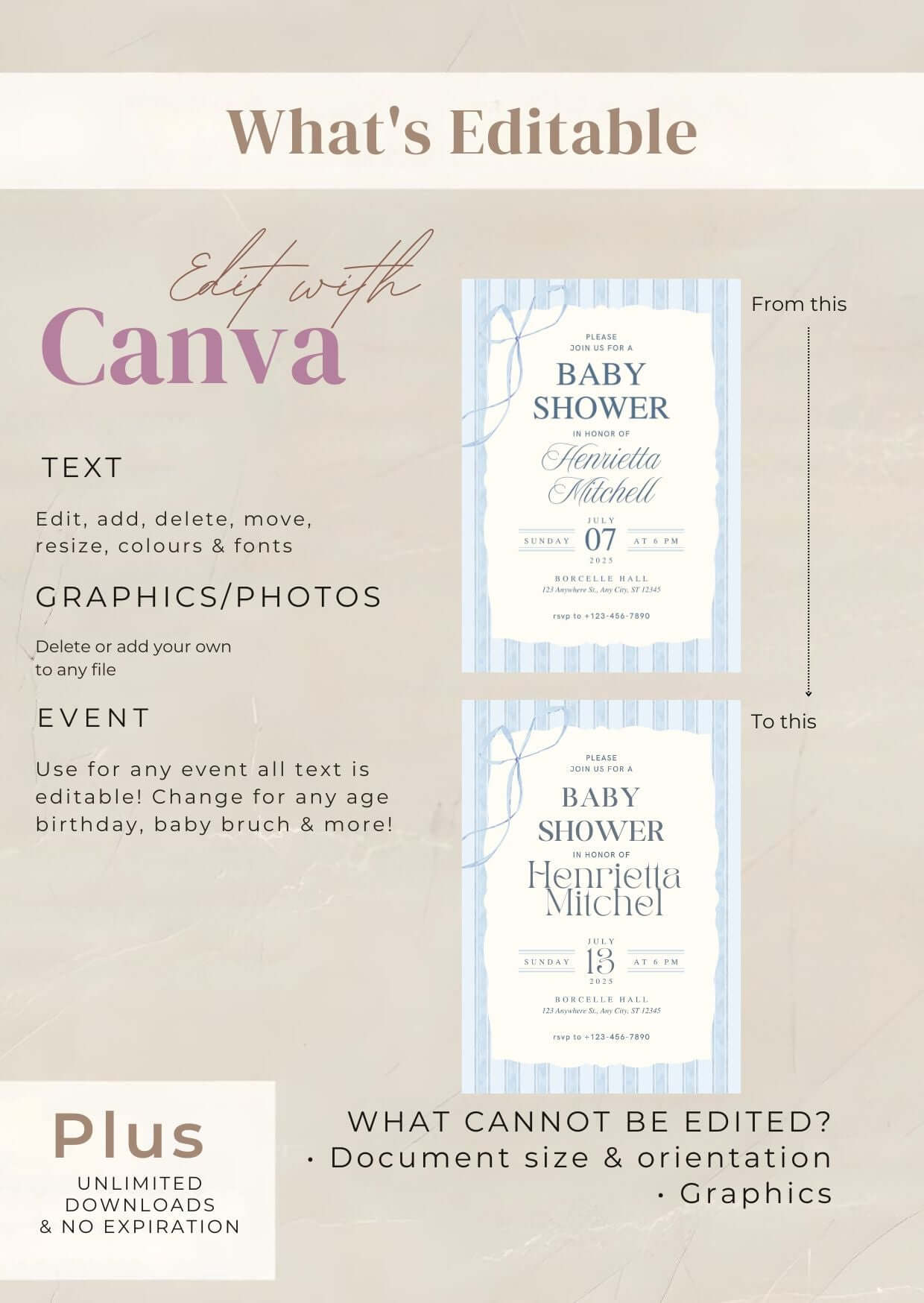 Editable Blue Elegant Baby Shower Invitation | Classic Watercolor Boy Shower Template with Canva options shown.