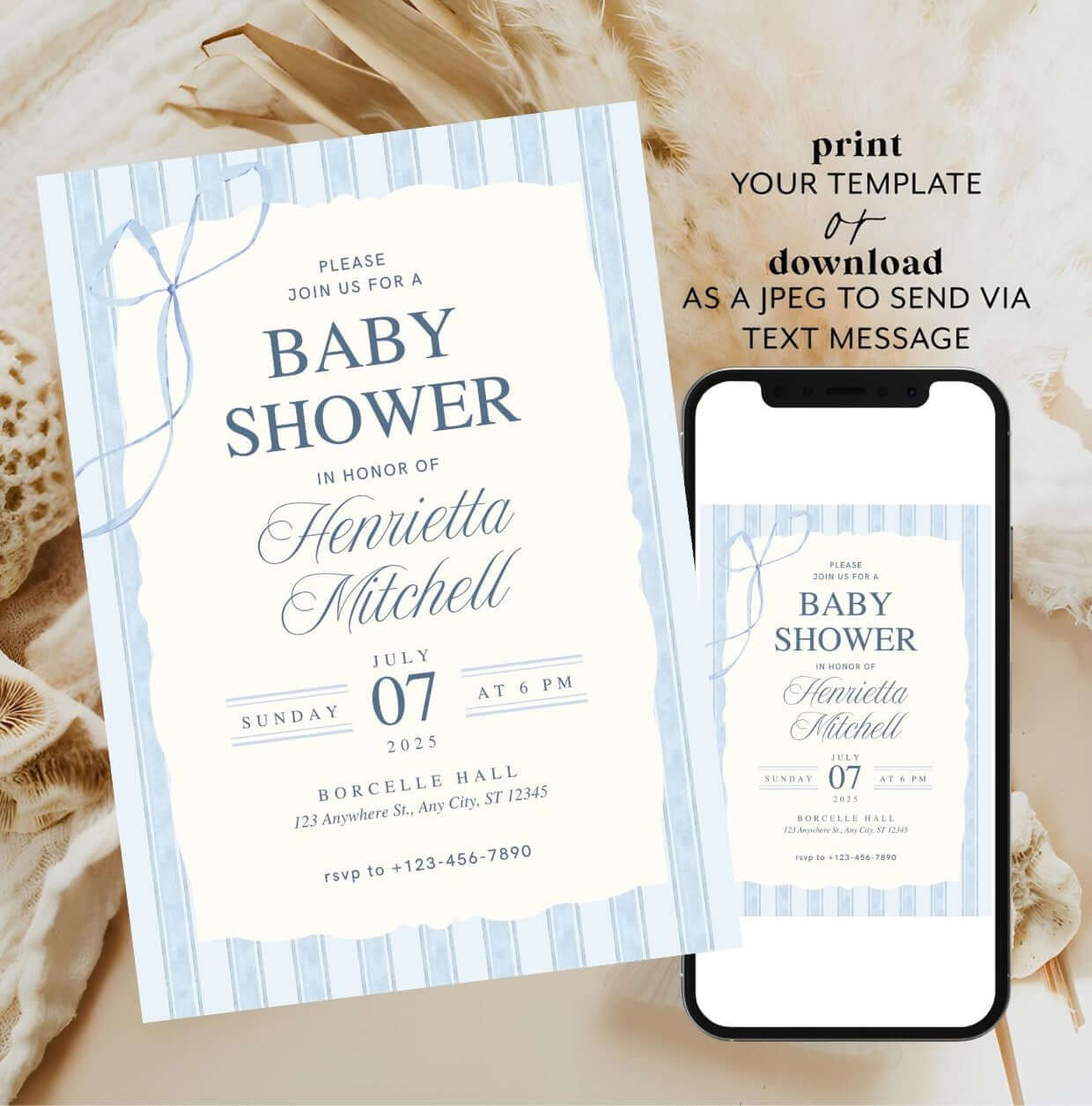 Blue Elegant Baby Shower Invitation | Classic Watercolor Boy Shower Template | Printable Digital Invite displayed on phone and card
