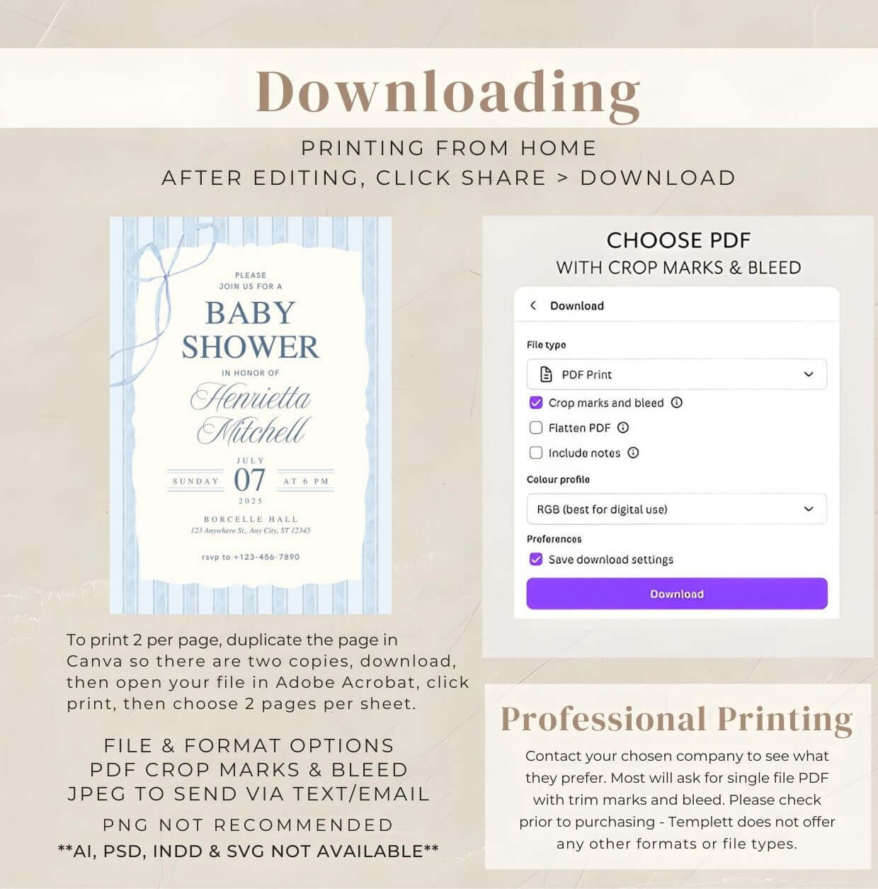 Blue Elegant Baby Shower Invitation | Classic Watercolor Boy Shower Template | Printable Digital Invite with download options