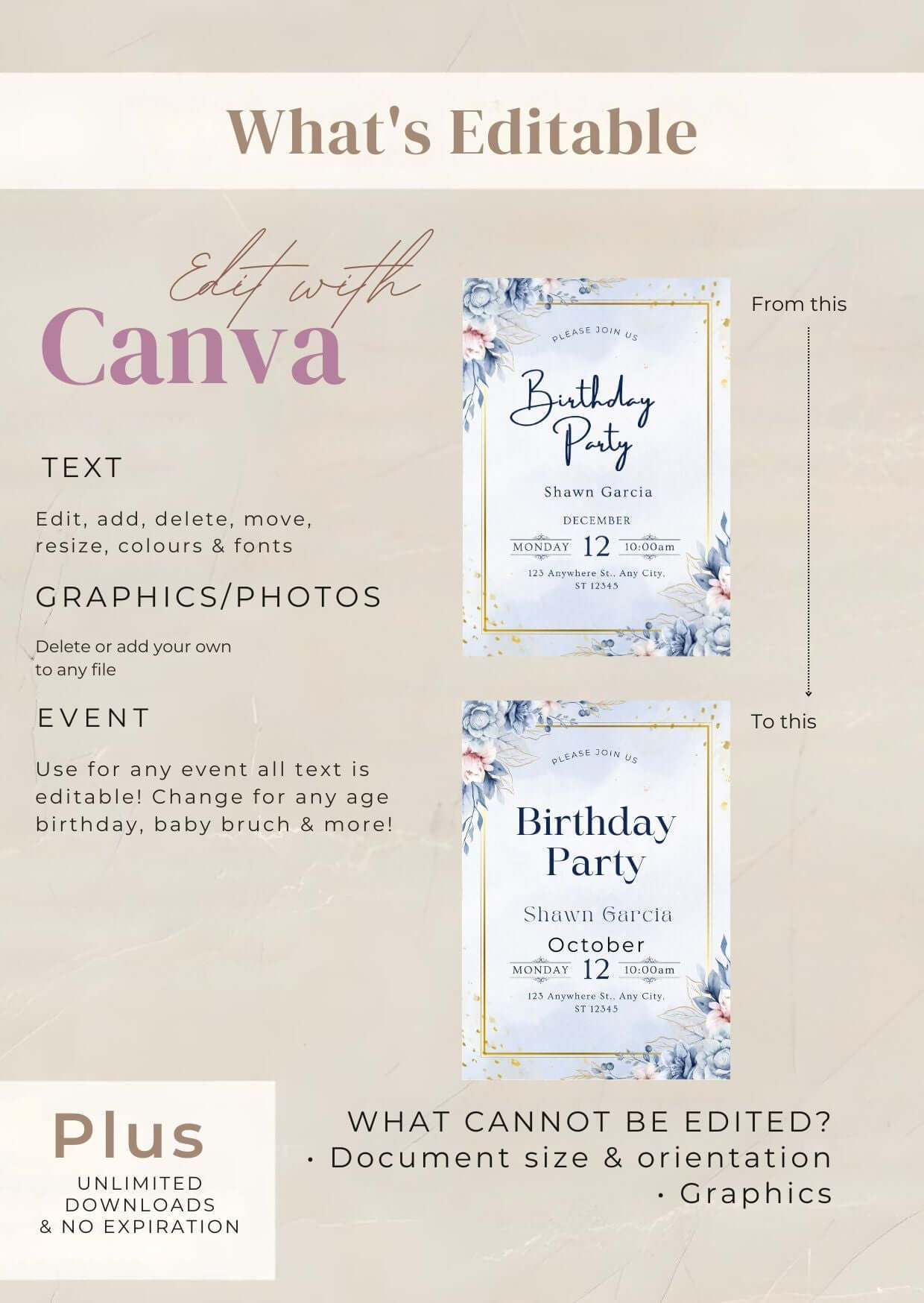 Edit with Canva tutorial for blue and gold birthday invitation with floral design and customizable text.