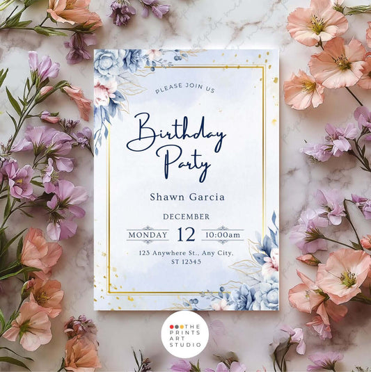 Elegant blue and gold birthday invitation with watercolor florals and gold accents, perfect for any occasion.