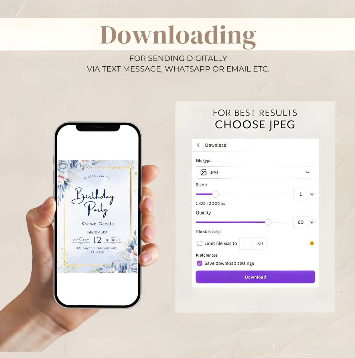 Digital download of blue and gold birthday invitation with floral design viewed on smartphone, instructions for JPEG file download.