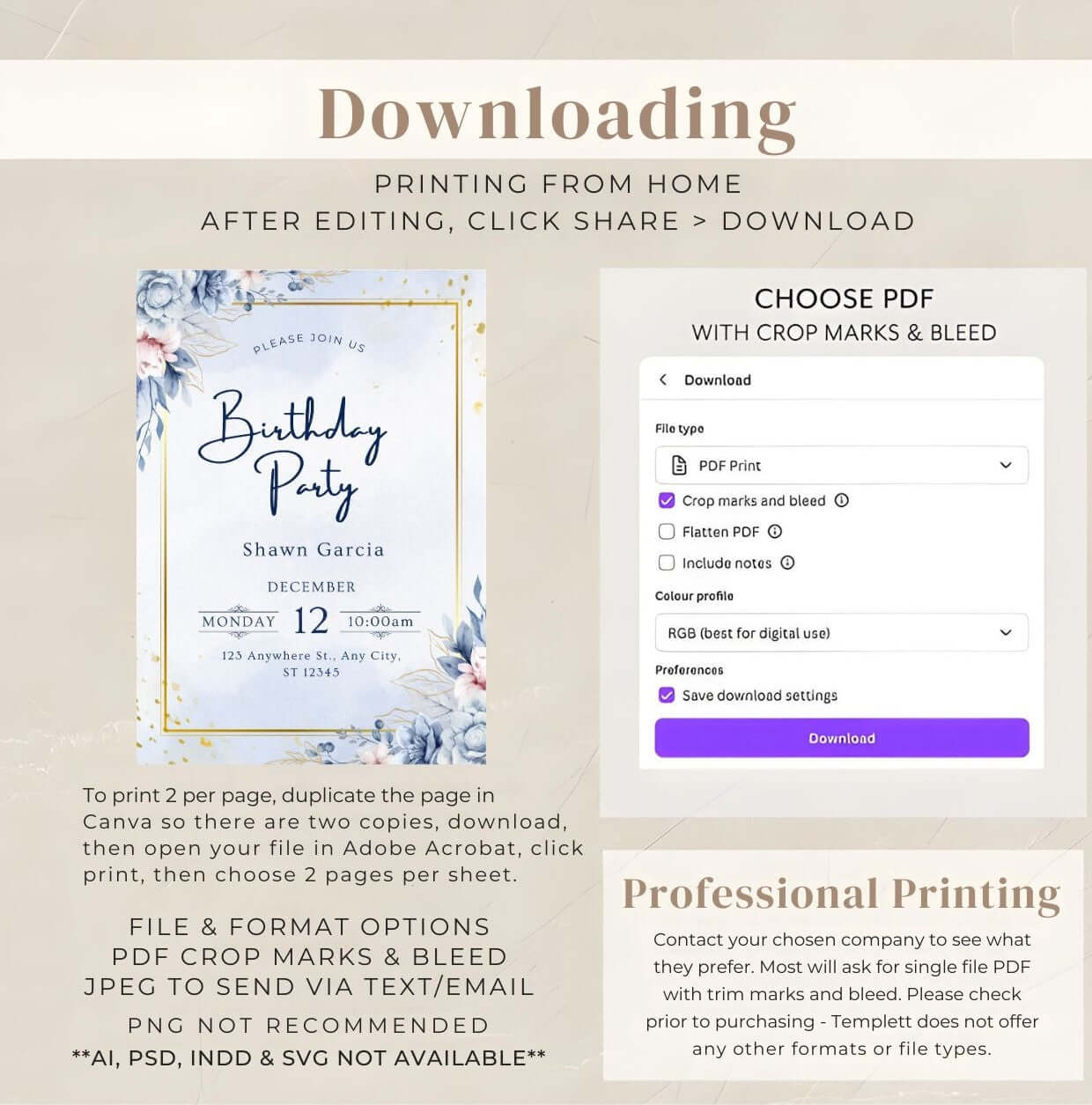 Printable blue and gold birthday invitation with floral design showcased in download instructions.