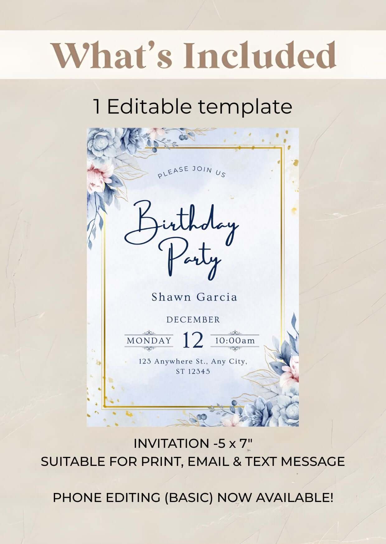Blue and gold birthday invitation with watercolor florals and gold accents, perfect printable for elegant celebrations.