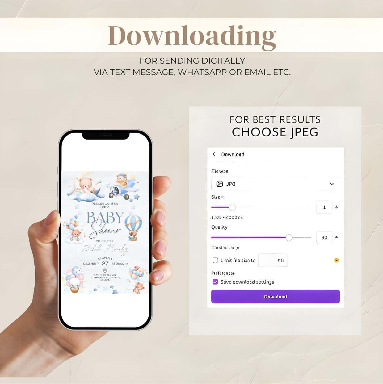 Digital options for downloading editable blue pumpkin baby shower invitation on smartphone screen.