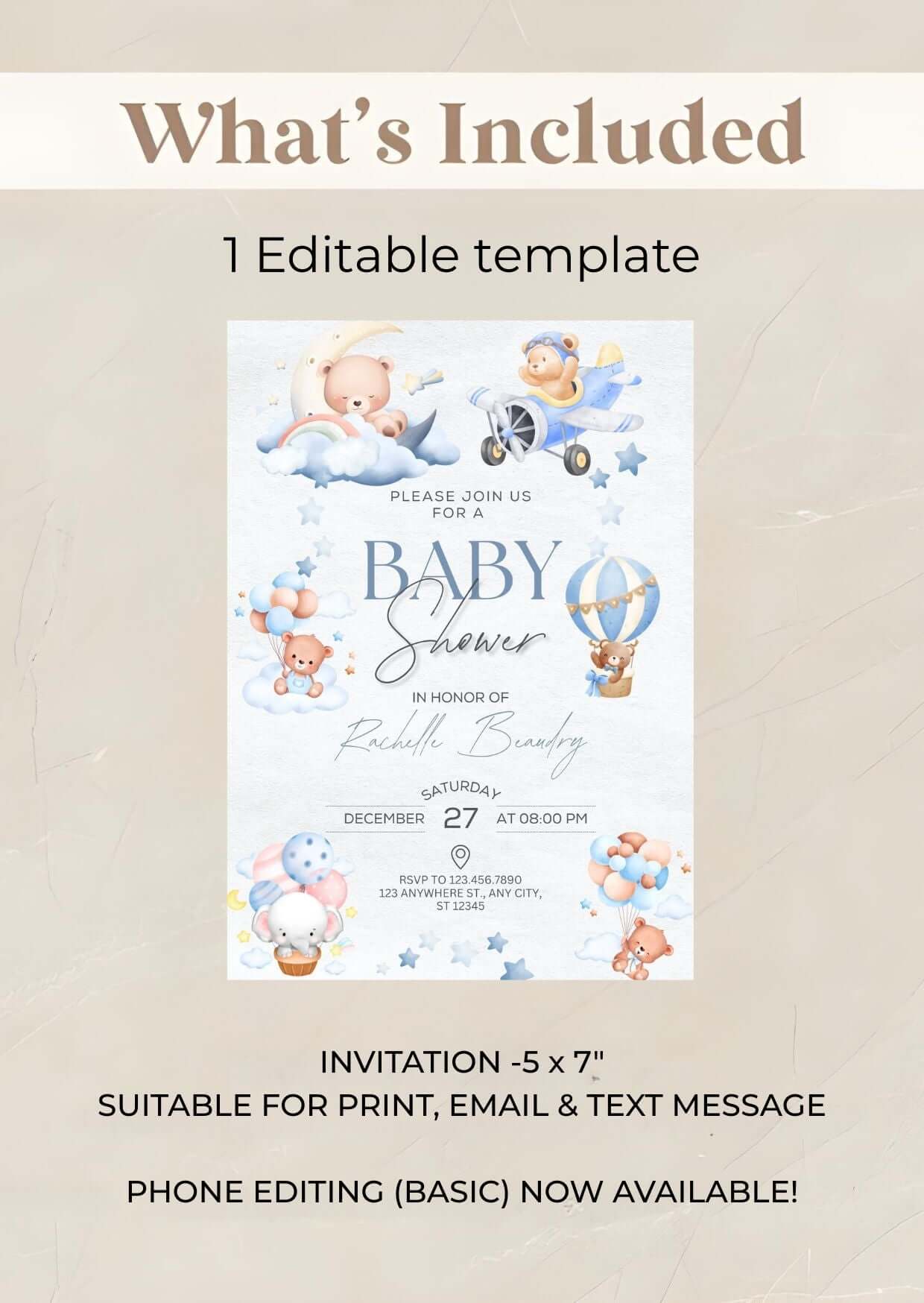 Editable blue pumpkin baby shower invitation template with fall design, featuring soft blue pumpkins and floral decor.