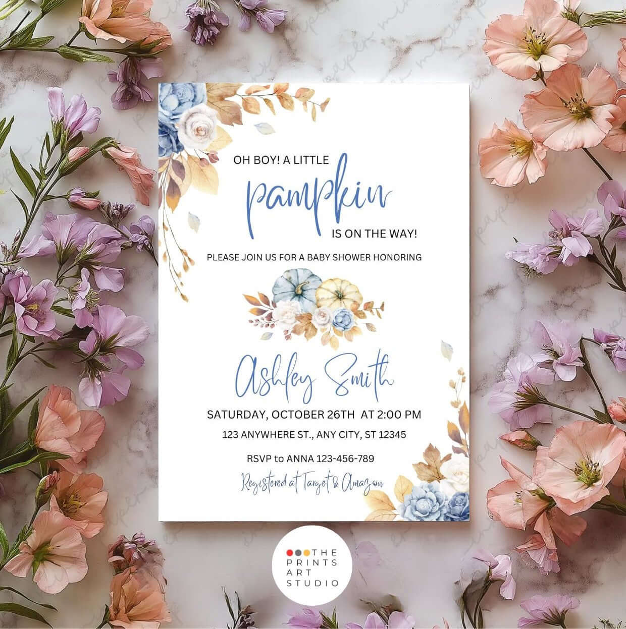 Blue Pumpkin Baby Shower Invitation | Editable Fall Baby Shower Invite | Rustic Floral Digital Download with watercolor design