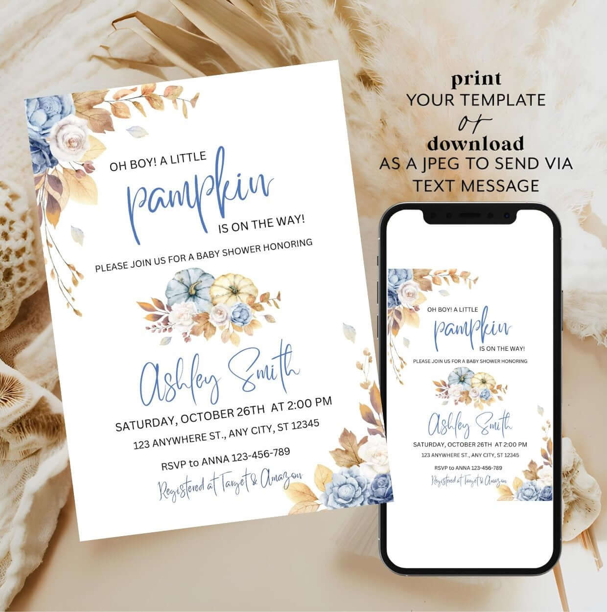Blue Pumpkin Baby Shower Invitation | Editable Fall Baby Shower Invite | Rustic Floral Digital Download on phone and paper