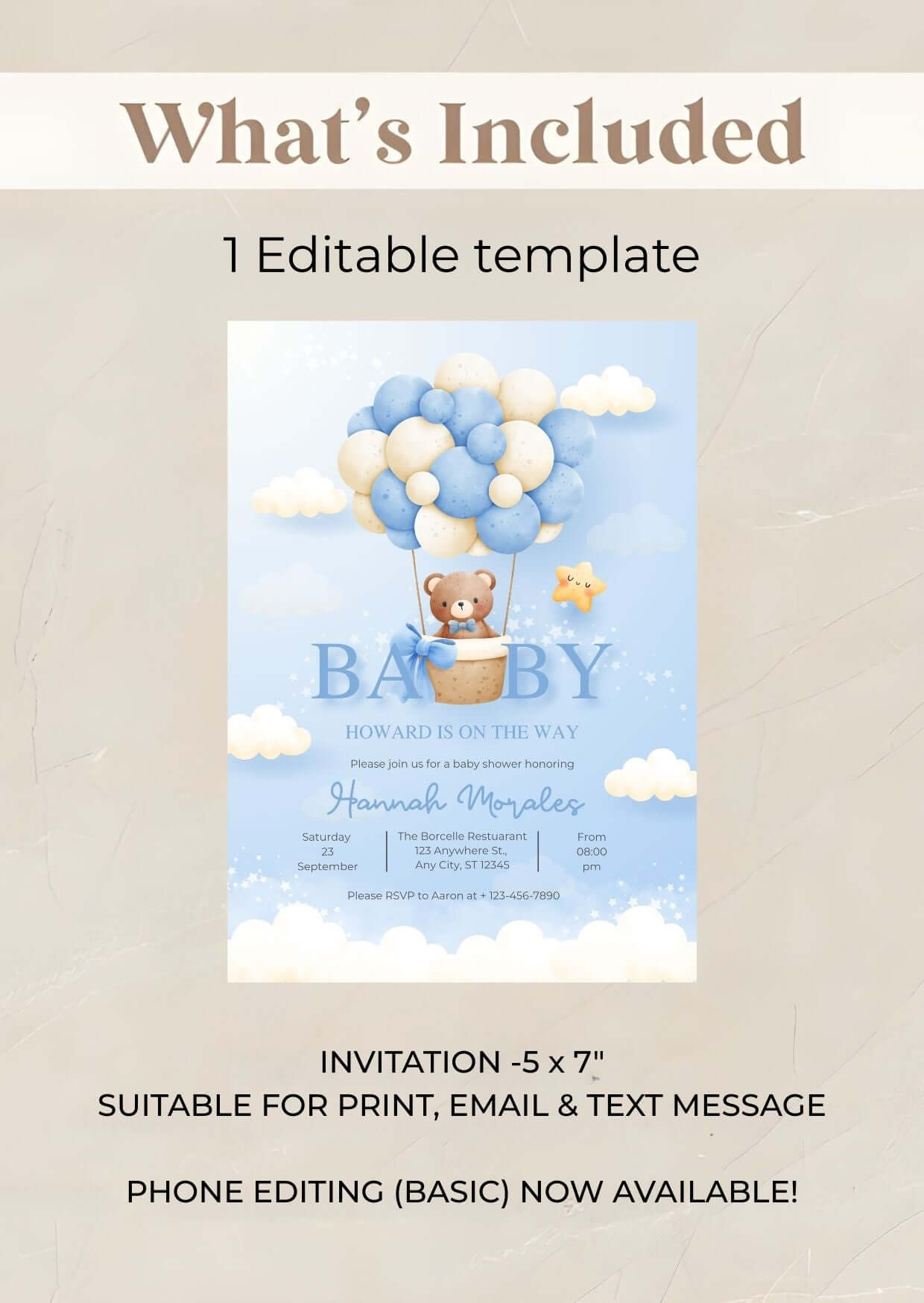 Blue Teddy Bear Baby Shower Invitation | Editable Boy Baby Shower Invite | Gender Neutral Balloon Bear Template | Printable Digital Download