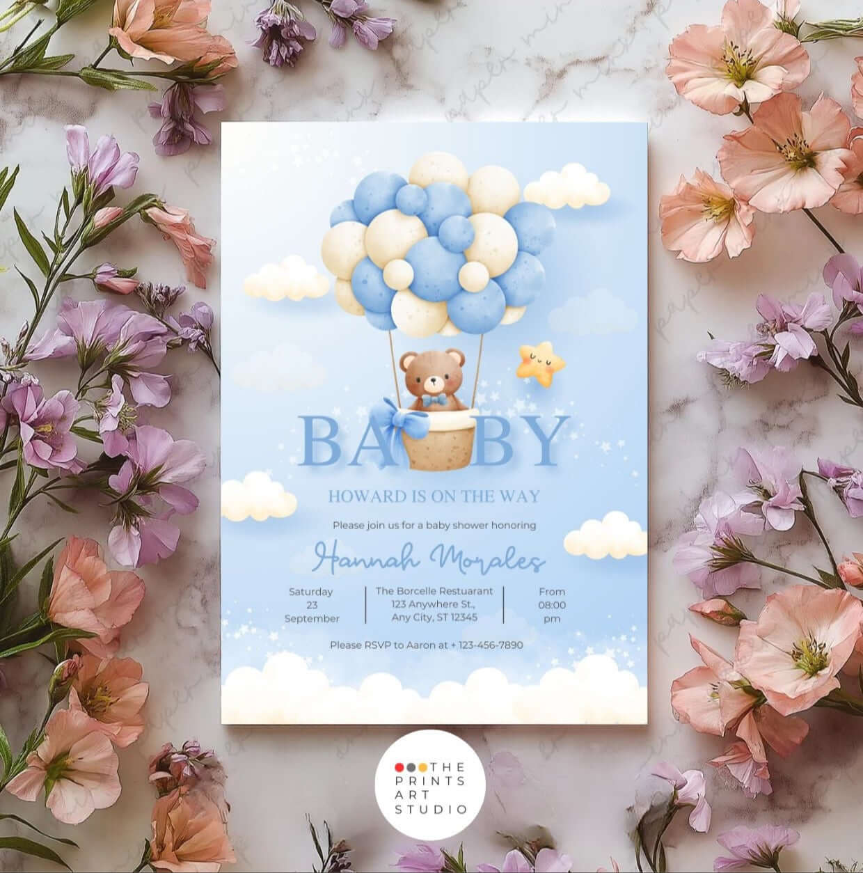 Blue Teddy Bear Baby Shower Invitation | Editable Boy Baby Shower Invite | Gender Neutral Balloon Bear Template | Printable Digital Download
