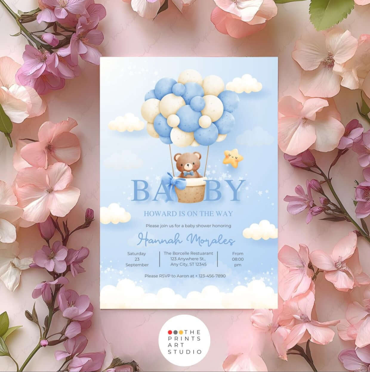 Blue Teddy Bear Baby Shower Invitation | Editable Boy Baby Shower Invite | Gender Neutral Balloon Bear Template | Printable Digital Download