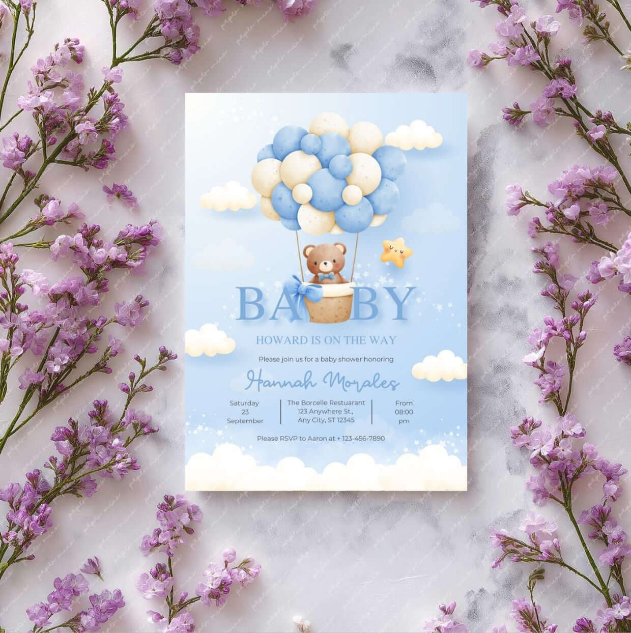 Blue Teddy Bear Baby Shower Invitation | Editable Boy Baby Shower Invite | Gender Neutral Balloon Bear Template | Printable Digital Download