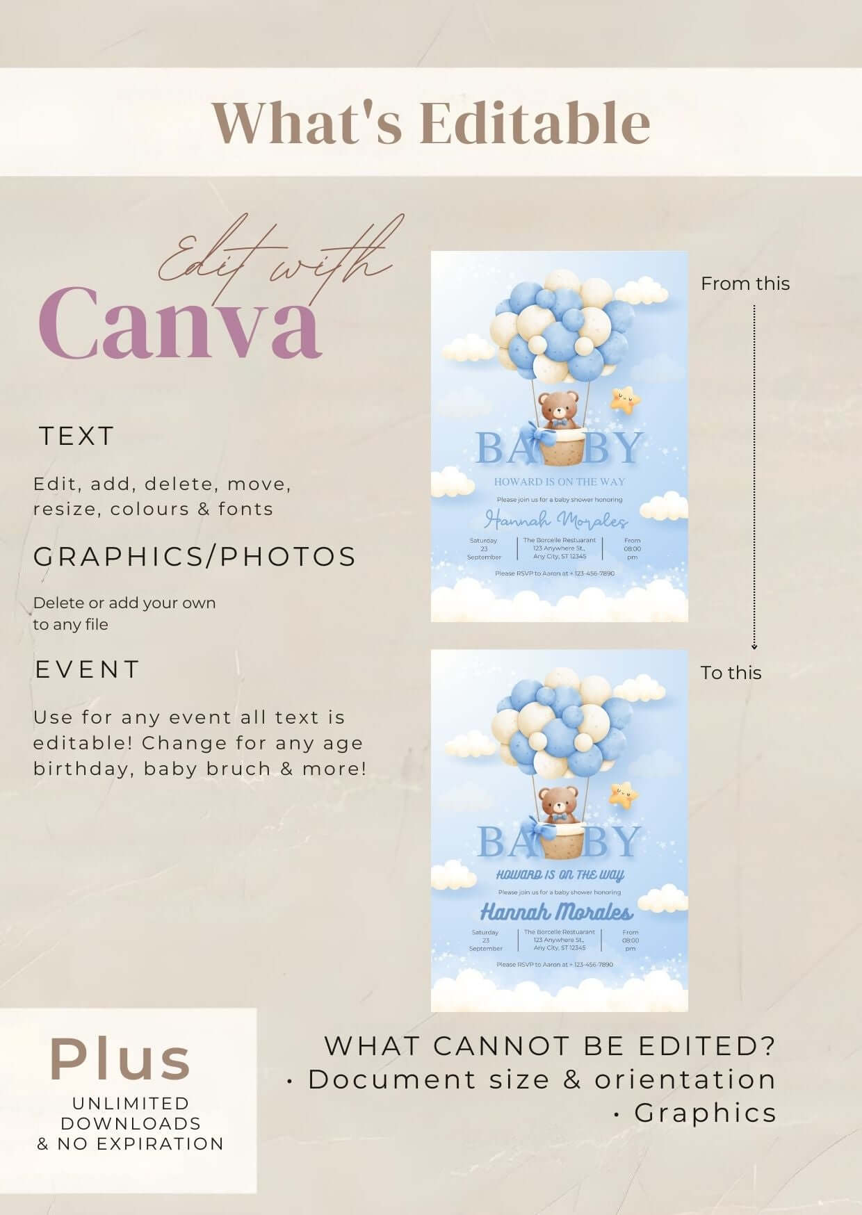 Blue Teddy Bear Baby Shower Invitation | Editable Boy Baby Shower Invite | Gender Neutral Balloon Bear Template | Printable Digital Download