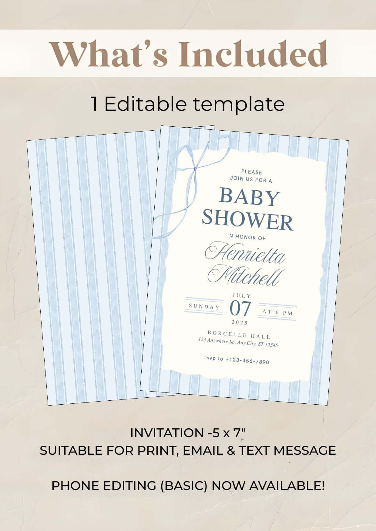 Blue Elegant Baby Shower Invitation | Classic Watercolor Boy Shower Template | Printable Digital Invite displayed in editable format