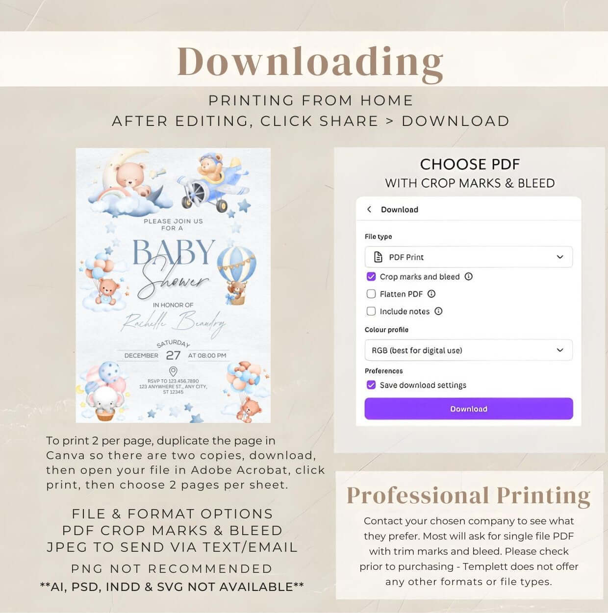 blue pumpkin baby shower invitation with instructions for home printing and downloading options