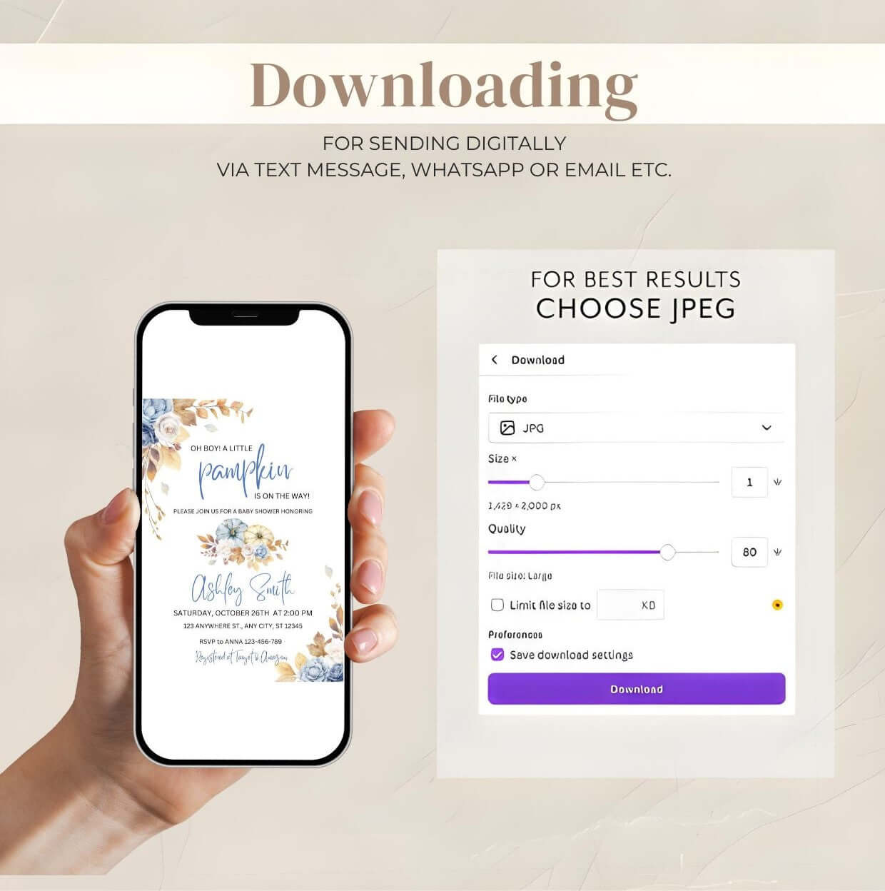 Blue Pumpkin Baby Shower Invitation | Editable Fall Baby Shower Invite | Rustic Floral Digital Download on mobile phone screen