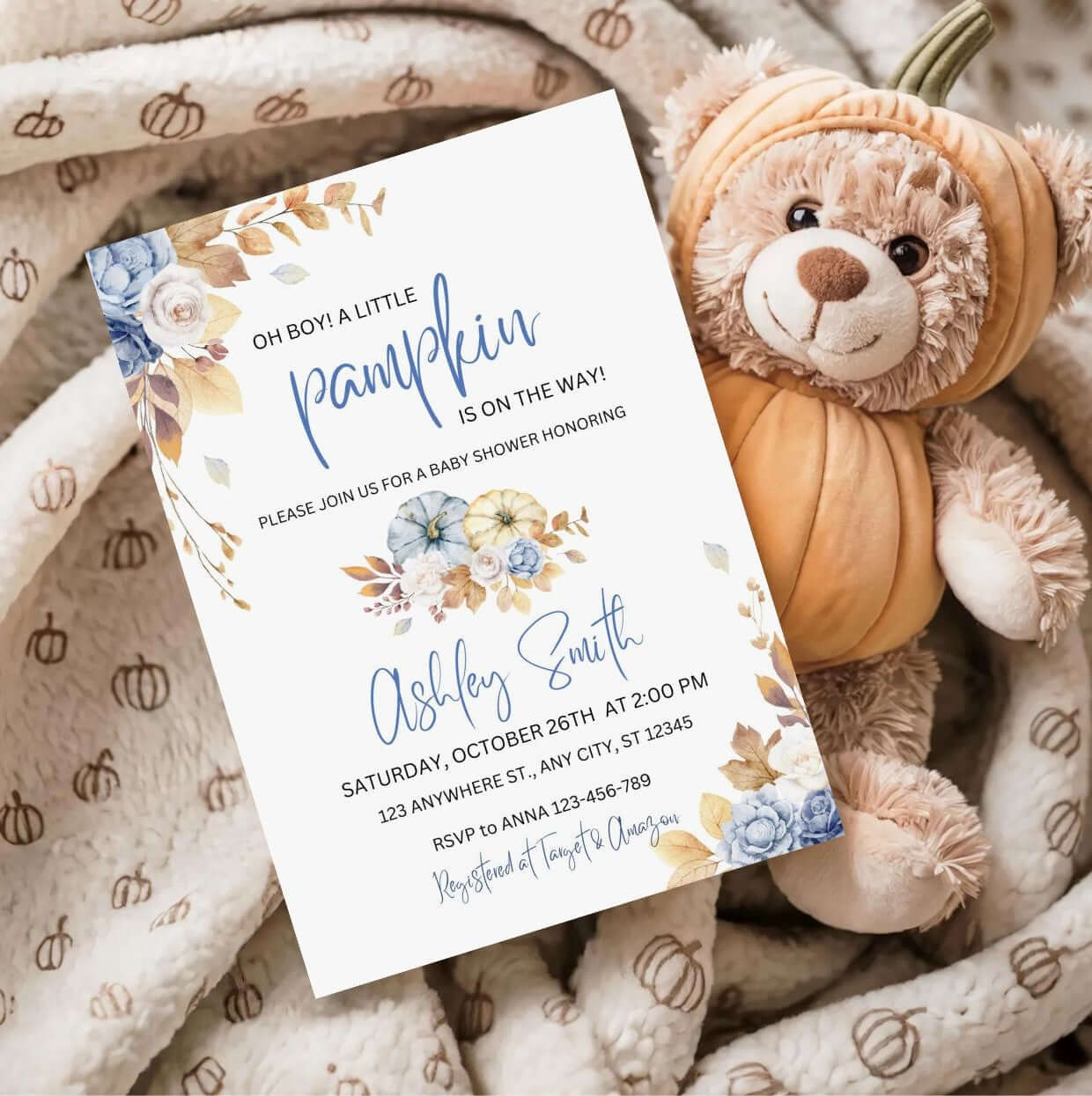 Blue Pumpkin Baby Shower Invitation | Editable Fall Baby Shower Invite | Rustic Floral Digital Download with teddy bear theme.