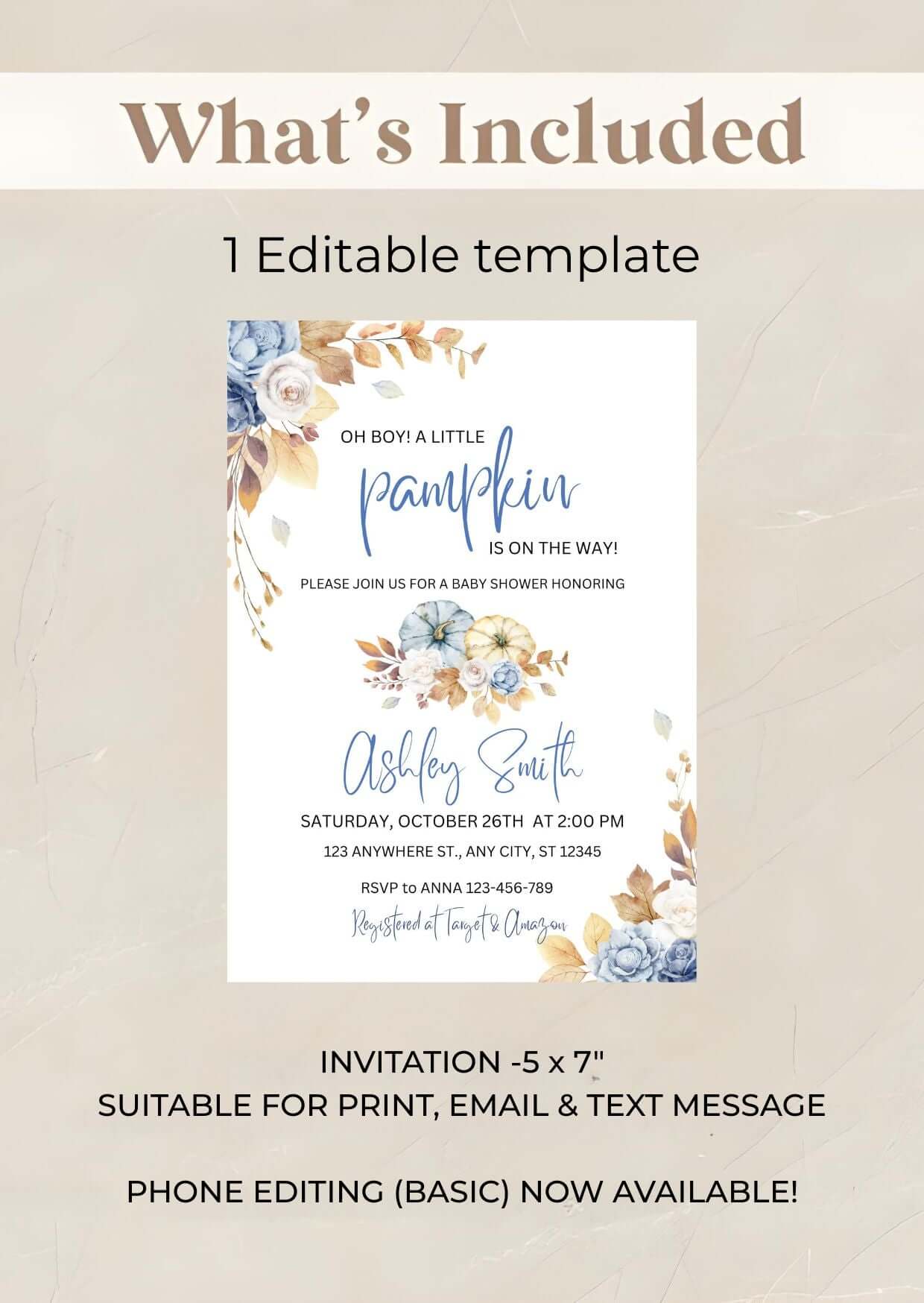 Blue Pumpkin Baby Shower Invitation | Editable Fall Baby Shower Invite | Rustic Floral Digital Download