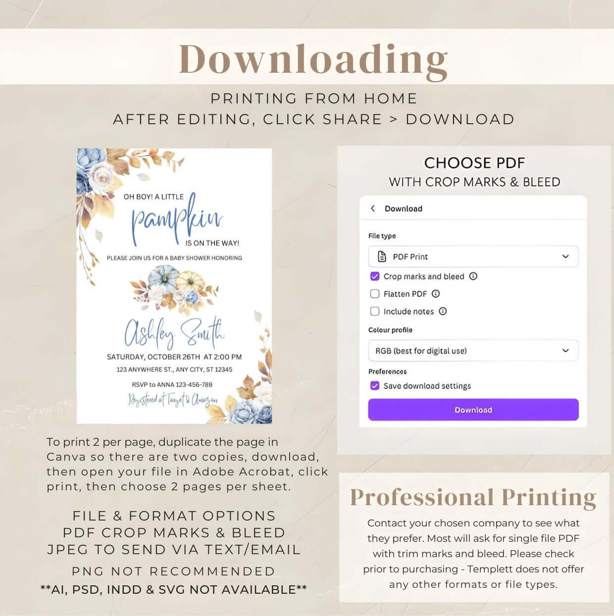 Product instructions for Blue Pumpkin Baby Shower Invitation | Editable Fall Baby Shower Invite | Rustic Floral Digital Download