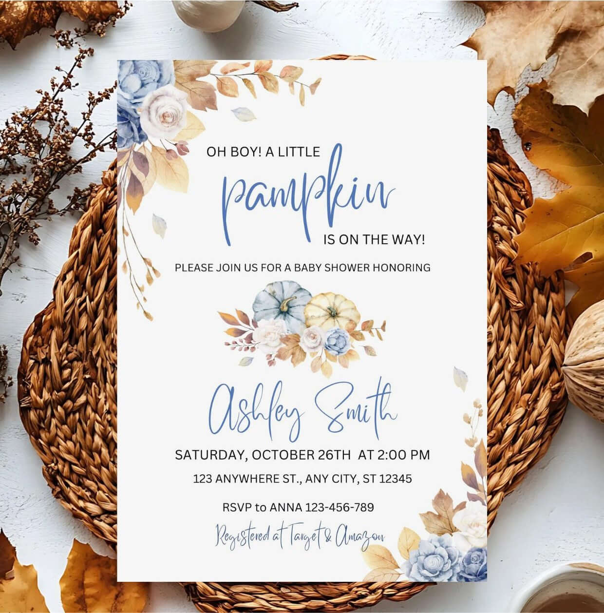 Blue Pumpkin Baby Shower Invitation | Editable Fall Baby Shower Invite | Rustic Floral Digital Download featuring watercolor pumpkins.