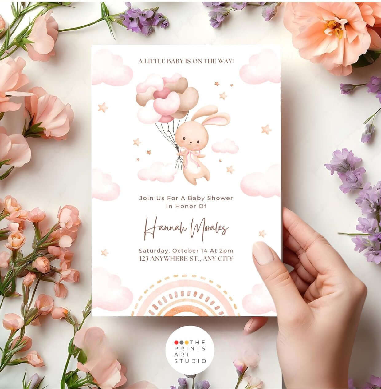 Bunny baby shower invitation with watercolor bunny and pink balloons, editable template for gender-neutral celebrations.