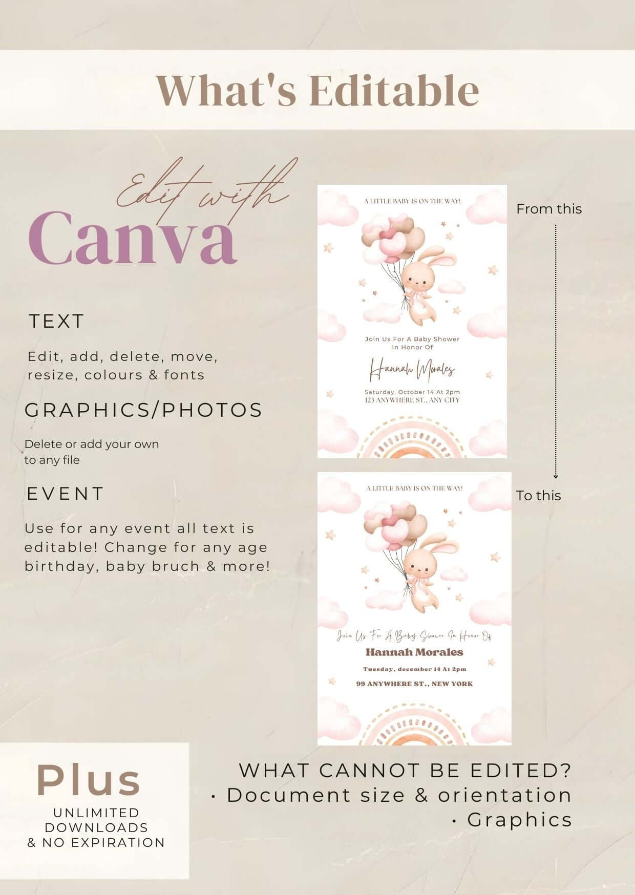 Editable bunny baby shower invitation template featuring a watercolor bunny with pink balloons, customizable via Canva.