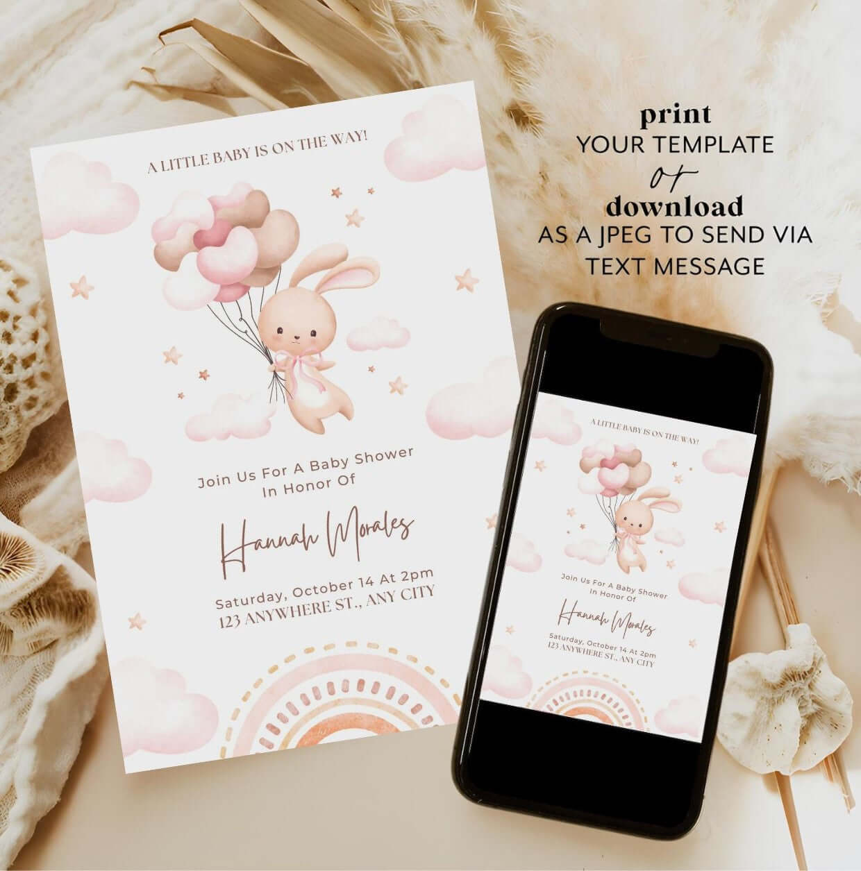 Bunny baby shower invitation template with watercolor bunny and pink balloons, viewable on phone and card, perfect for pastel-themed showers.