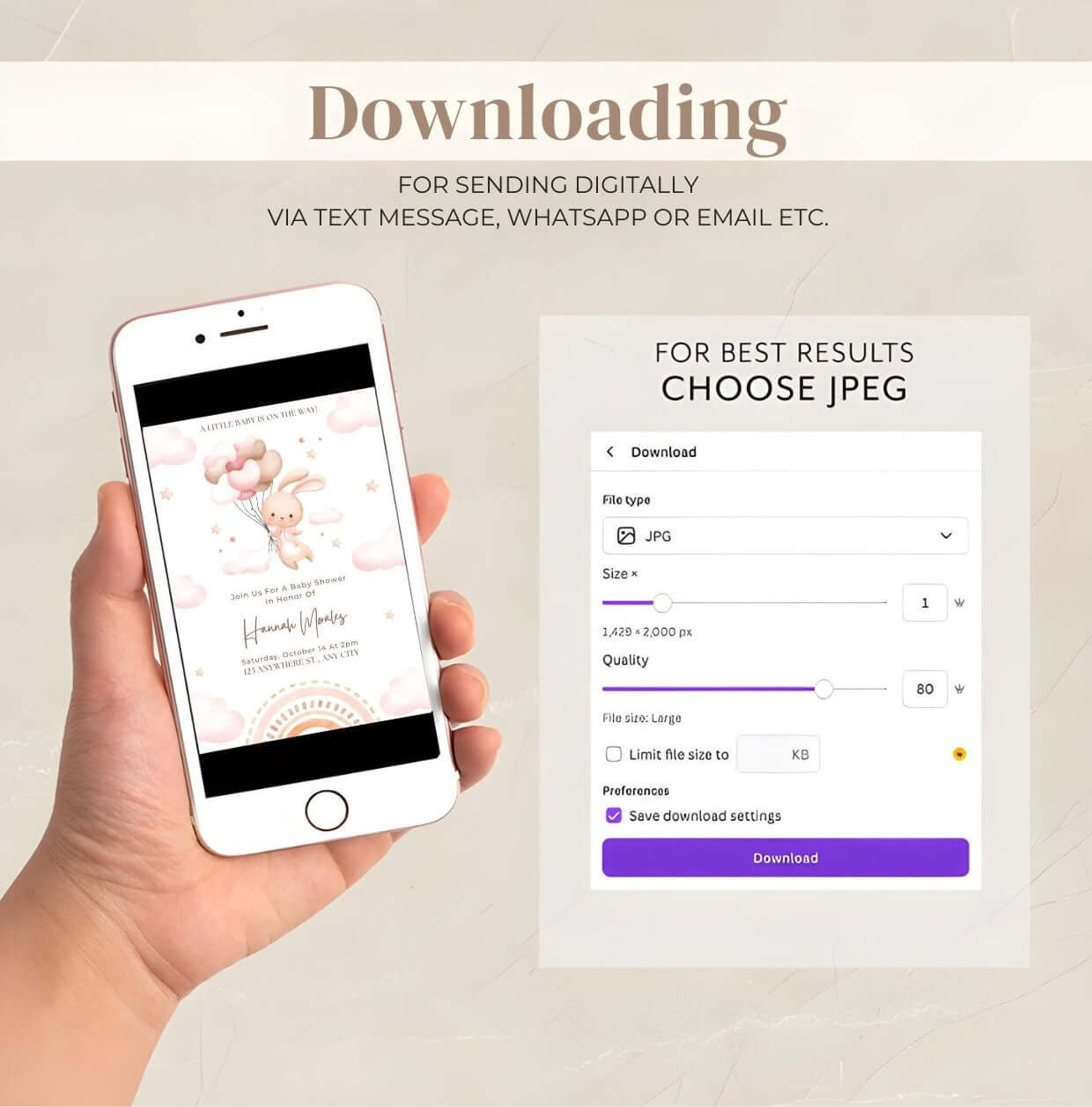 Downloading bunny baby shower invitation template on Smartphone, featuring a watercolor bunny with pink balloons. Editable in Canva.