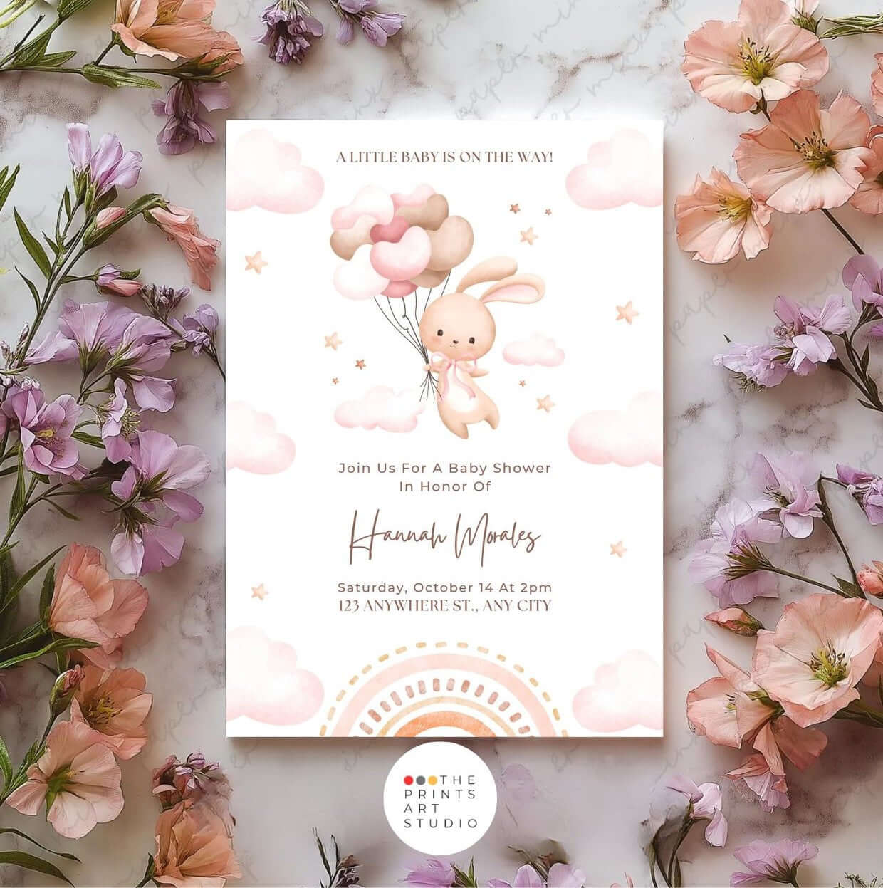 Bunny baby shower invitation with a watercolor bunny holding pink balloons, editable Canva template for gender-neutral celebrations.