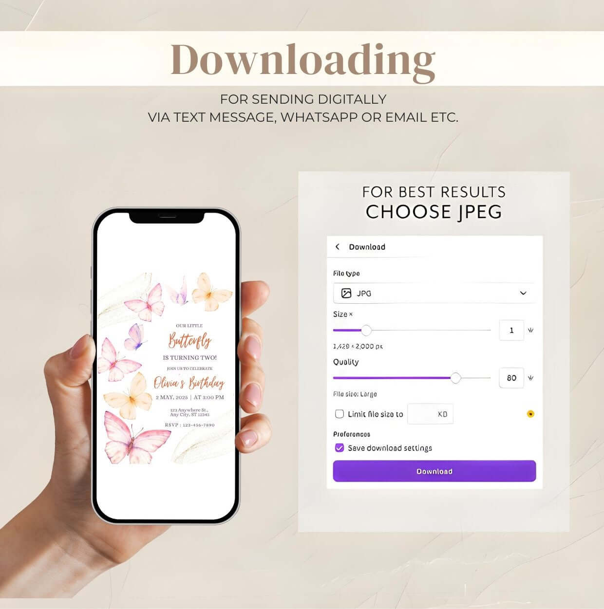 Butterfly Birthday Invitation – Editable Watercolor Floral Party Invite for Girls, Digital Download Template displayed on phone screen