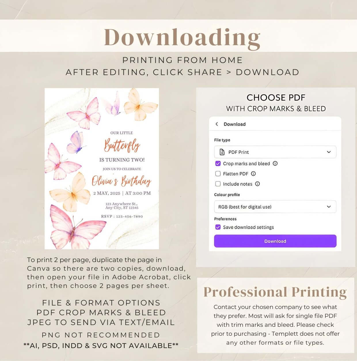 Butterfly Birthday Invitation – Editable Watercolor Floral Party Invite for Girls, Digital Download Template with instructions