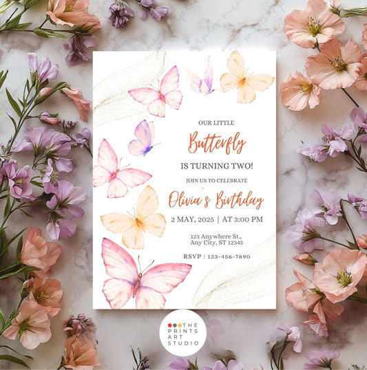 Butterfly Birthday Invitation – Editable Watercolor Floral Party Invite for Girls, Digital Download Template with pink flowers