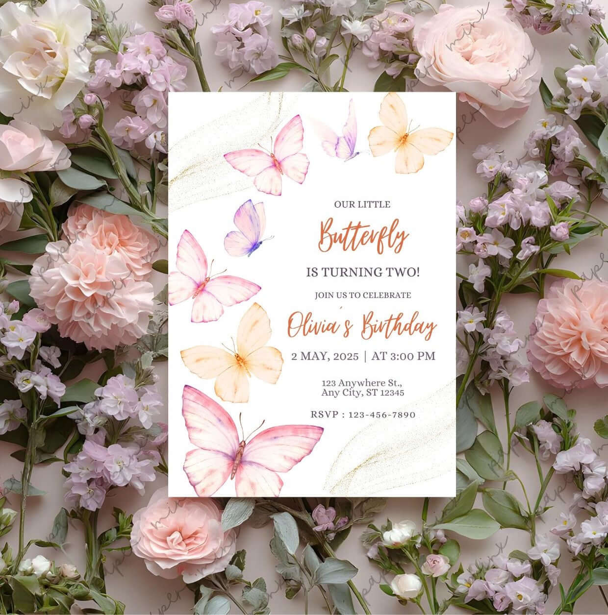 Butterfly Birthday Invitation – Editable Watercolor Floral Party Invite for Girls, Digital Download Template with pastel flowers